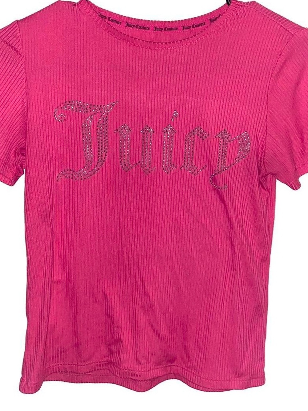 Juicy Couture Hot Pink Ribbed Tee with Rhinestone 'Juicy' Logo